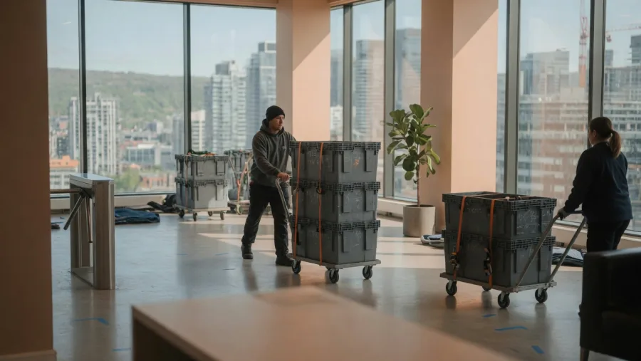 Déménagement de bureau avec bacs roulants dans un hall d'immeuble