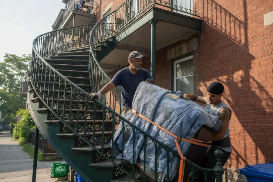 Deux déménageurs descendant un meuble emballé dans un escalier extérieur montréalais