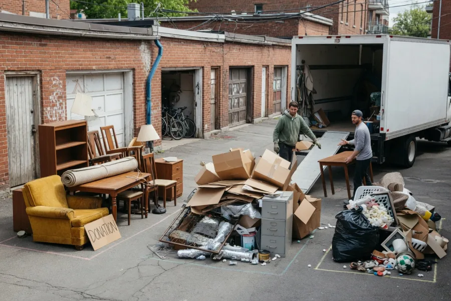 Tri des objets en dons, recyclage et déchets à côté du camion